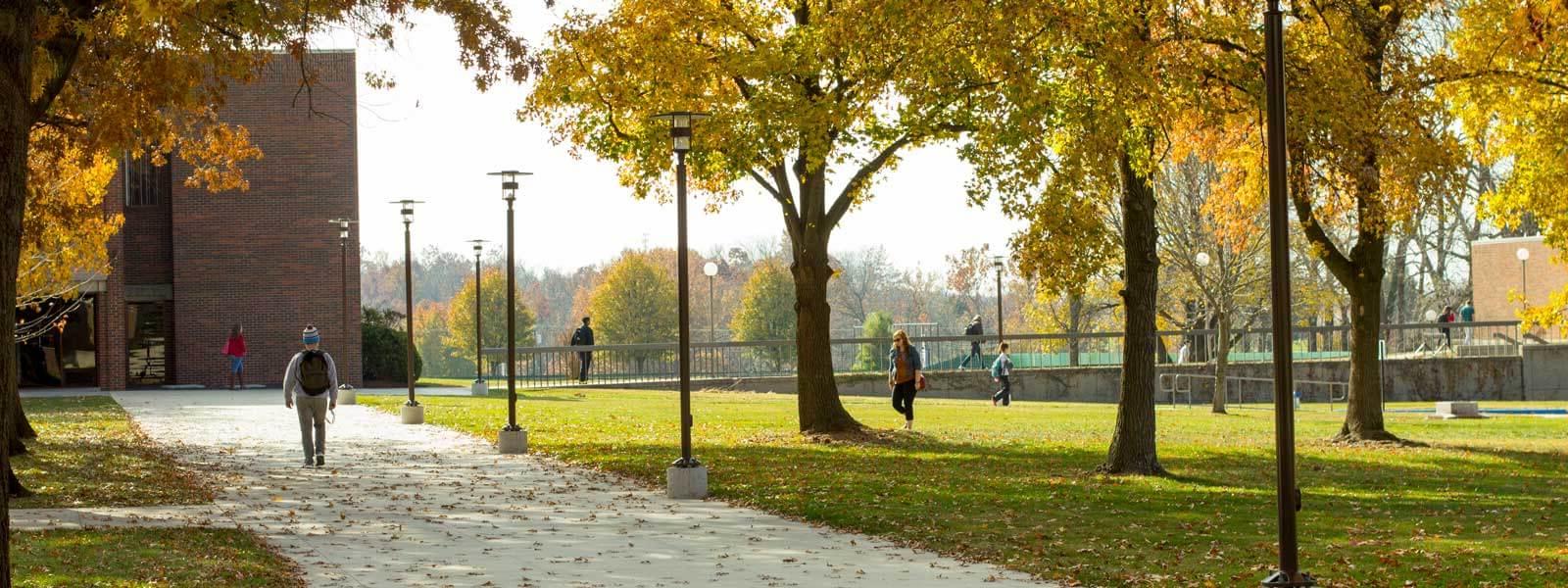 students talking as they walk on campus with fall leaves in background